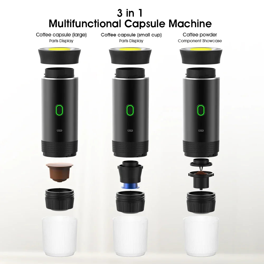 Draadloos elektrisch draagbaar espressomachine voor auto en thuis Camping Koffiezetapparaat 3-in-1 Capsule Poeder Reiskoffiezetapparaat